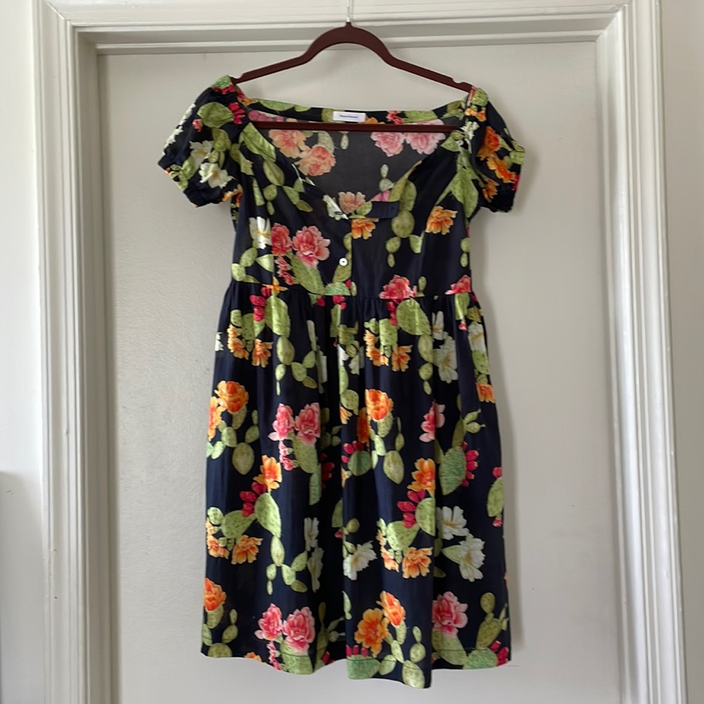 Beatrice Valenzuela Navy Floral Mini Dress with Pink & Orange Blooms